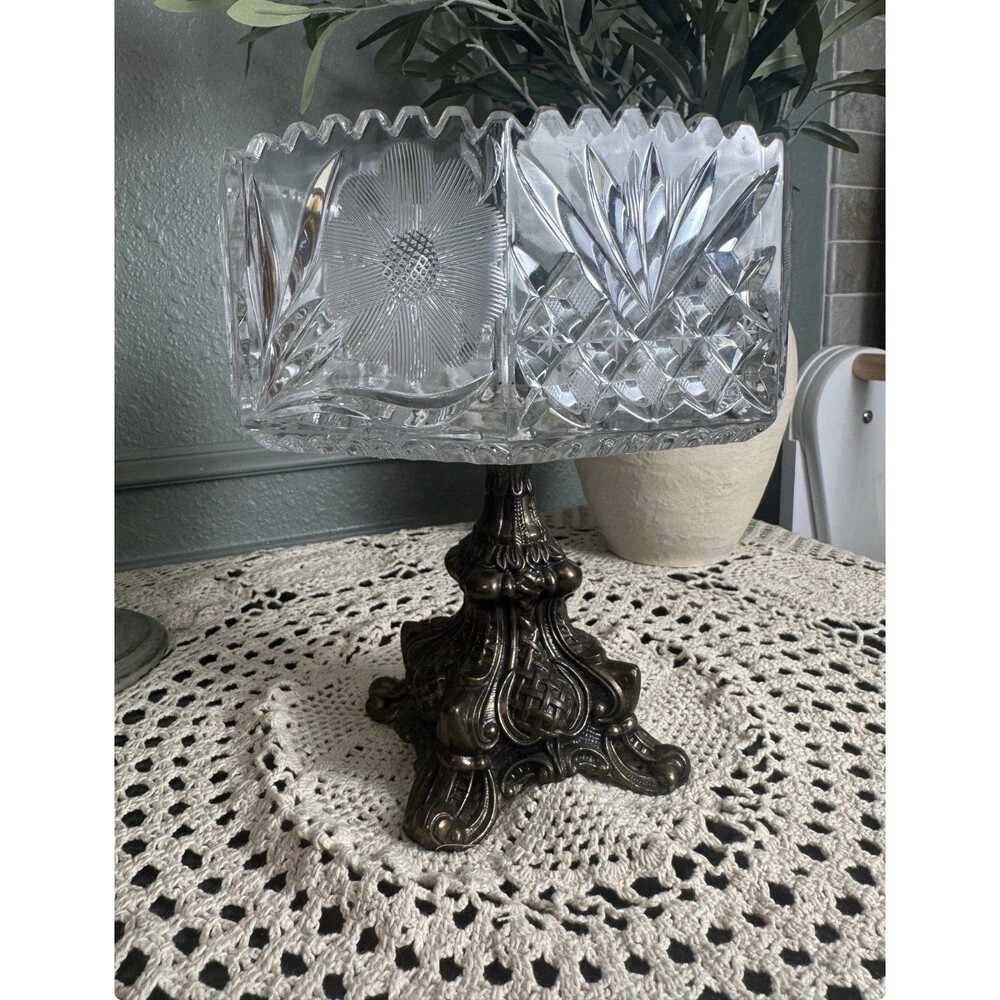 Vintage Hollywood Regency Cut Crystal Compote Brass Bronze Pedestal Sawtooth Rim